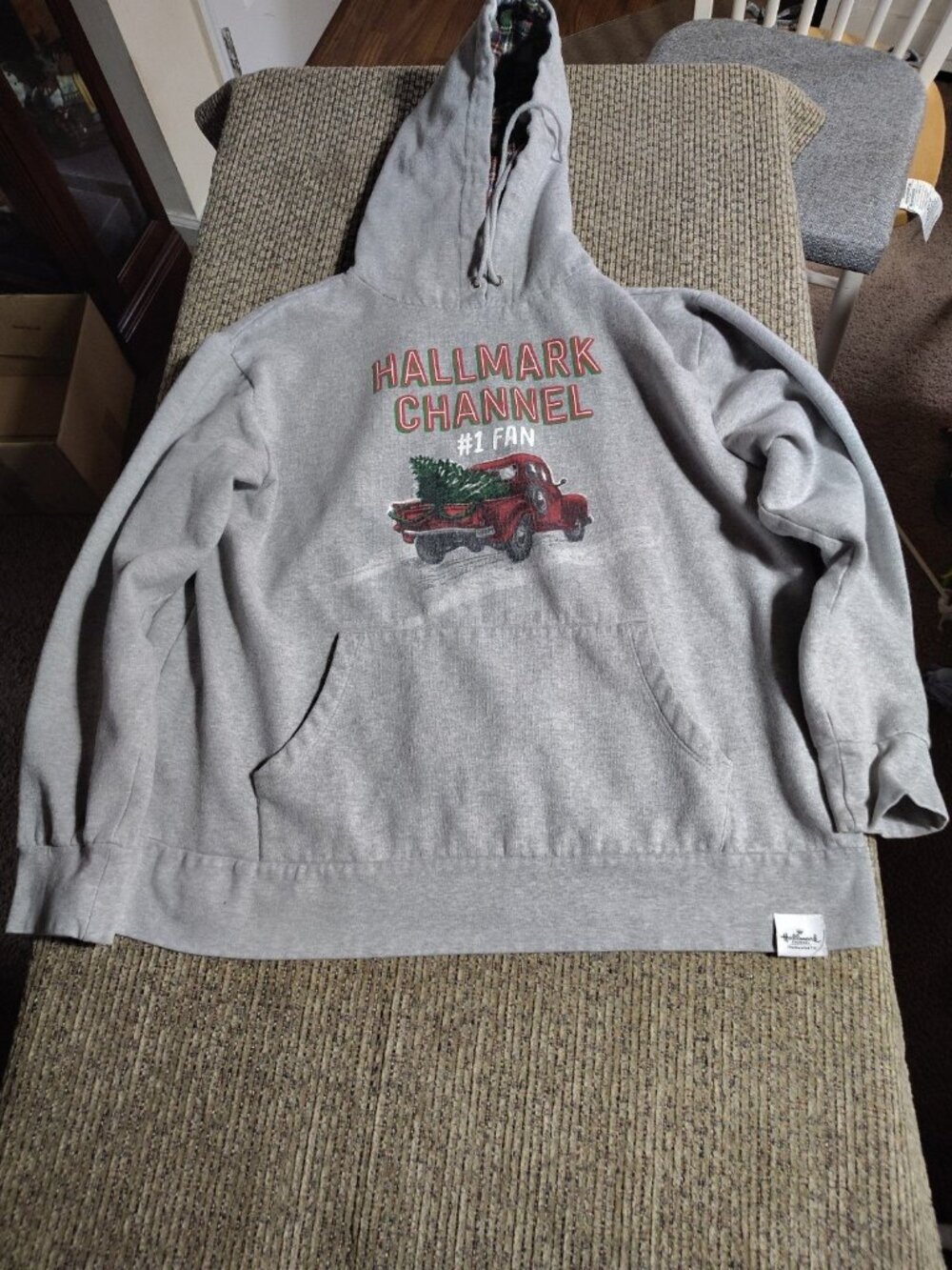 HALLMARK CHANNEL #1 Fan Hooded Sweatshirt Gray with Plaid lining and Truck Print